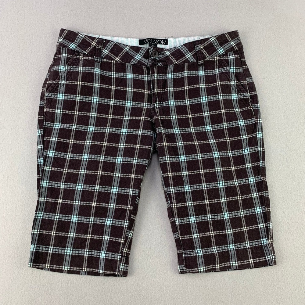 VTG Y2K Volcom Plaid Shorts Bermuda Womens 9 Brown Blue Skate Surf Cotton